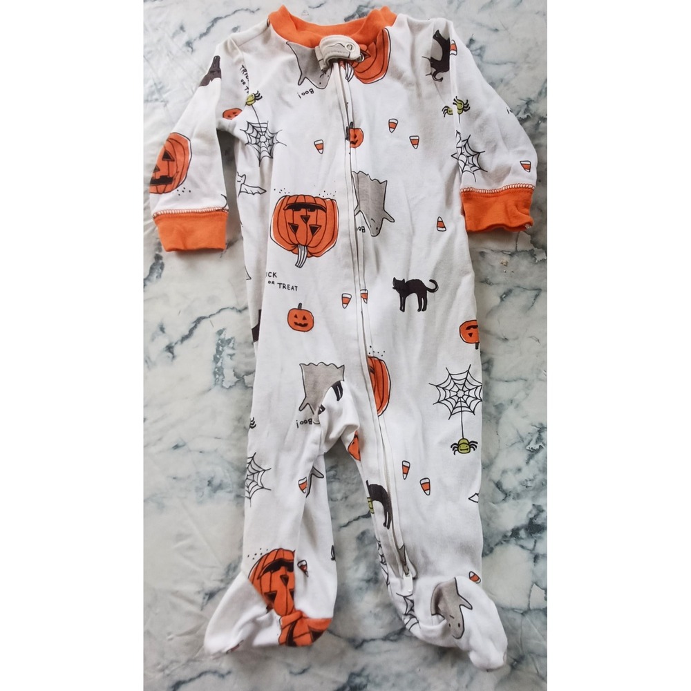 Carter's Footed Sleeper Baby 6M White Halloween Pumpkin Ghost Cat Print Zip Up
